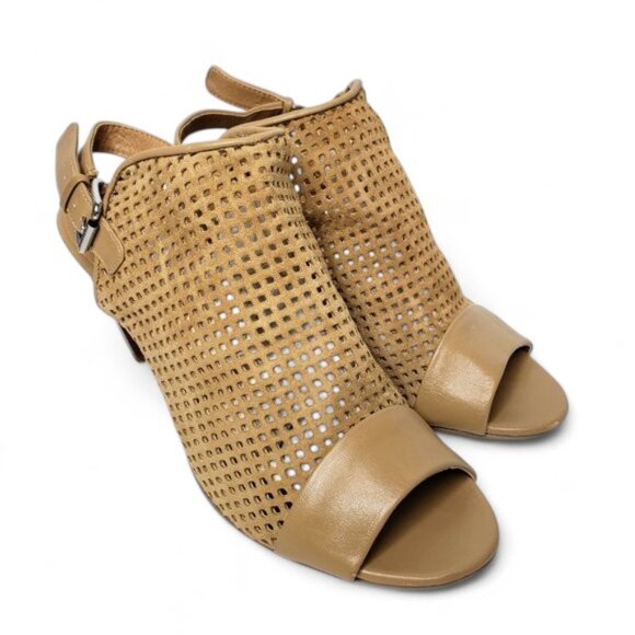 Tahari Eloise Perforated Suede Slingback Heels Women's Tan Peep Toe Bootie 7 - Picture 2 of 11